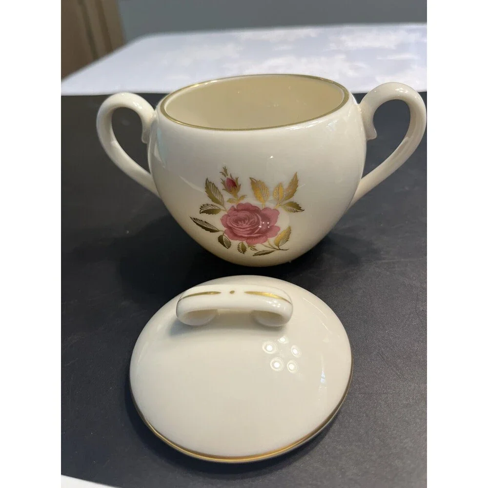 Vintage Lenox Roselyn Floral Pink Rose Gold Trim Creamer & Sugar Bowl w/ Lid